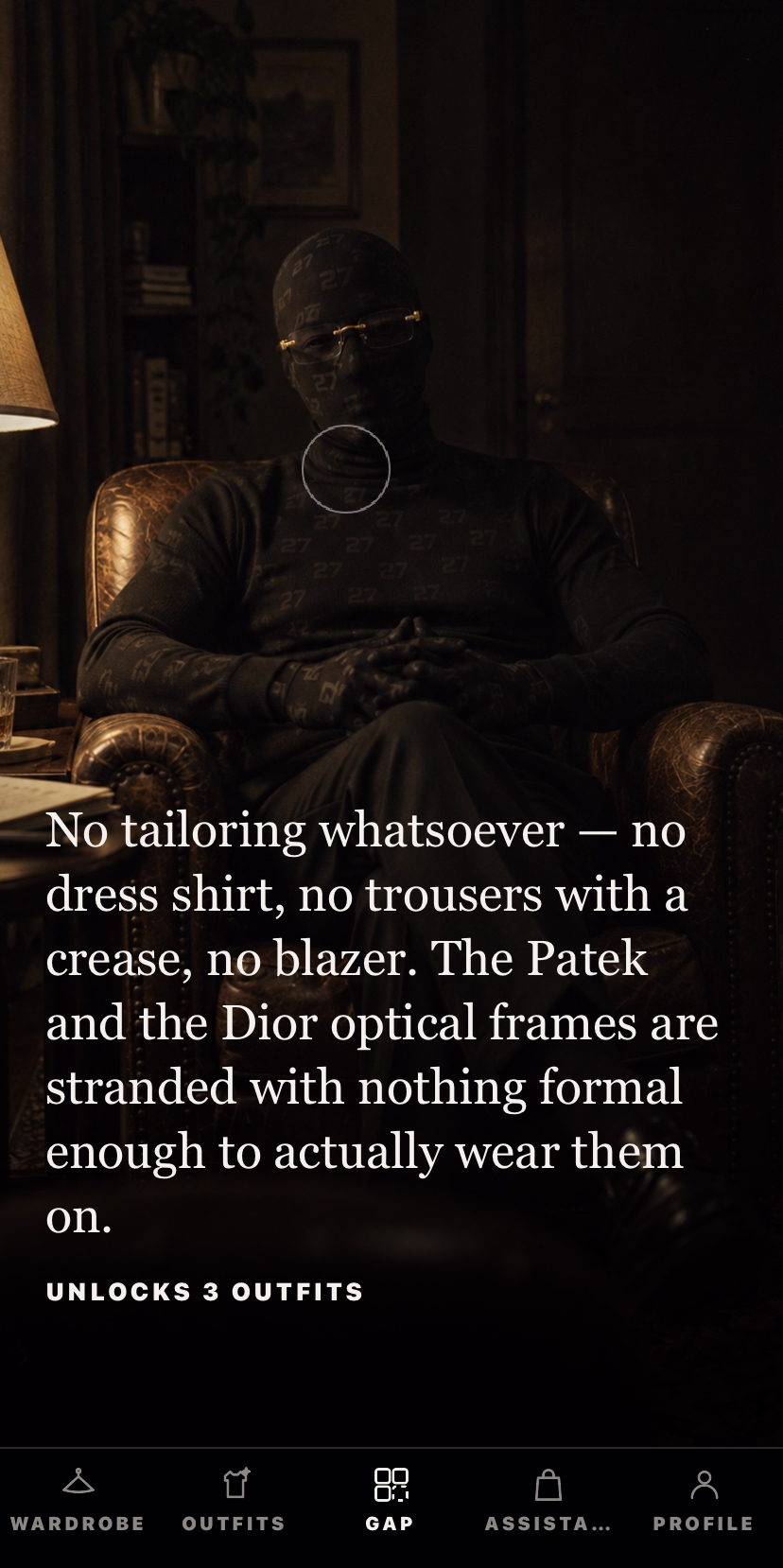 The app naming a gap in the wardrobe and how many outfits closing it would unlock.
