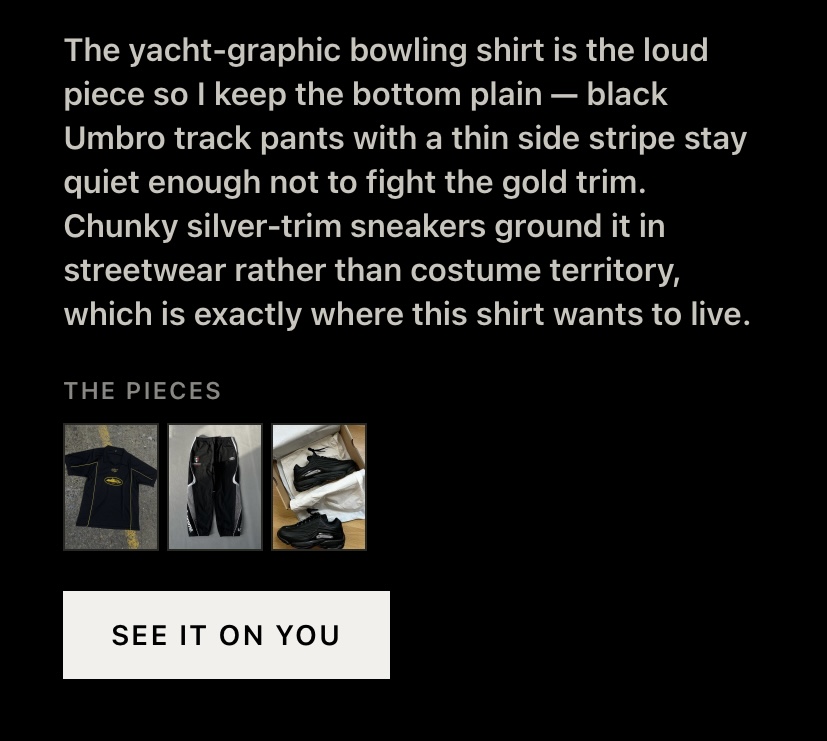 The app composing an outfit from owned pieces, with its reasoning and the pieces it used.